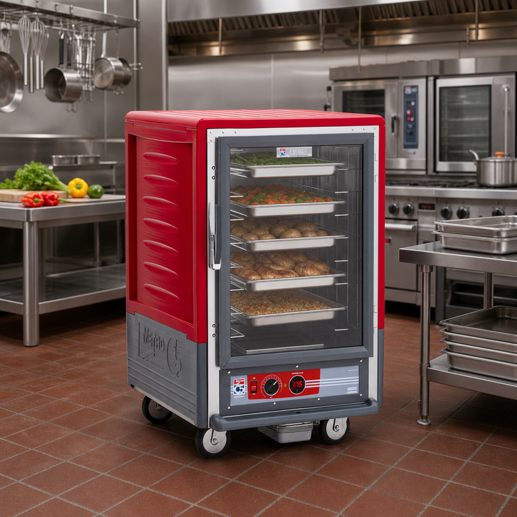 Product image #2 for Metro C5 3 Series Half-Height Mobile Heated Holding Cabinet with Clear Polycarbonate Door, Fixed Wire Slides, and Red Insulation Armour