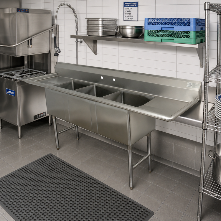 Product image #2 for Advance Tabco 3-Compartment Fabricated Sink with Left & Right Drainboards, 20 x 30 x 14 Inch Compartments, 16-Gauge 304 Stainless Steel