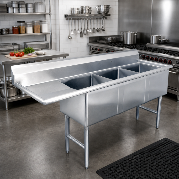 Product image #2 for Steel Works Stainless 18-Gauge 304 Stainless Steel Three-Compartment Sink with Left-Hand 24-Inch Drainboard