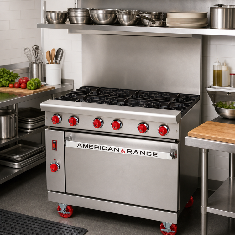 Product image #2 for American Range 36-Inch Green Flame Commercial Gas Range with 6 Open Burners and Convection Oven