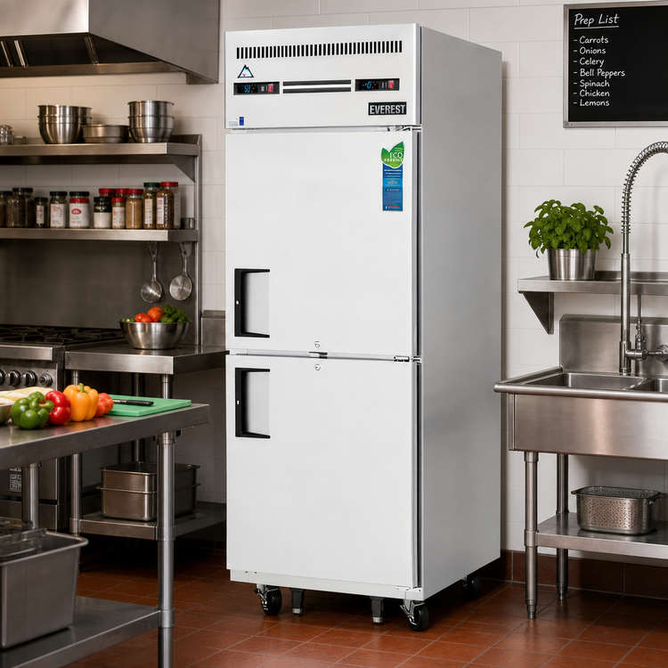 Product image #2 for Everest Refrigeration ESRFH2 One-Section Dual Temperature Reach-In Refrigerator/Freezer Combo with Top-Mounted Compressor and Half Doors