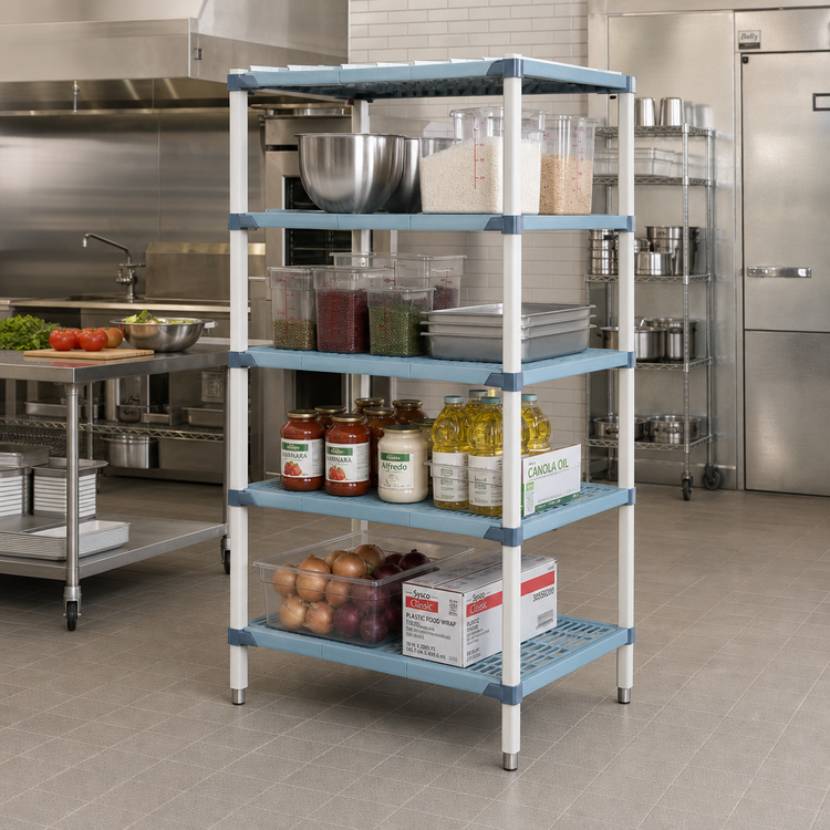 Product image #2 for MetroMax i Stationary 4-Shelf Open Grid Polymer Starter Shelving Unit, 36"W x 18"D x 63"H, Blue