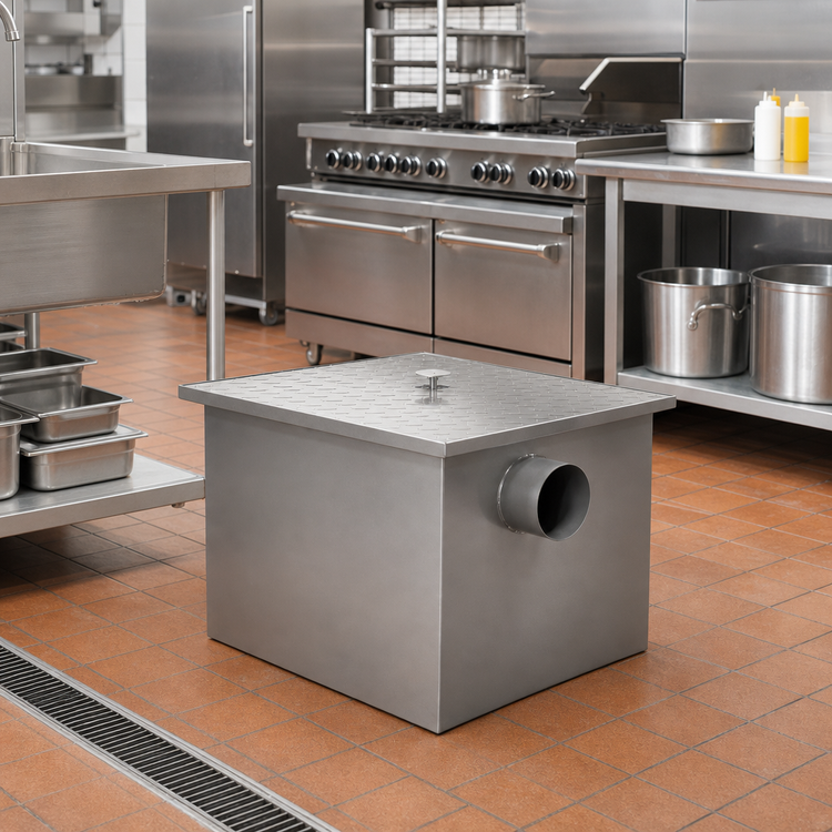 Product image #2 for Omcan USA Commercial 50 lb Capacity Grease Trap, 25 GPM, 4-Inch Threaded Inlet/Outlet