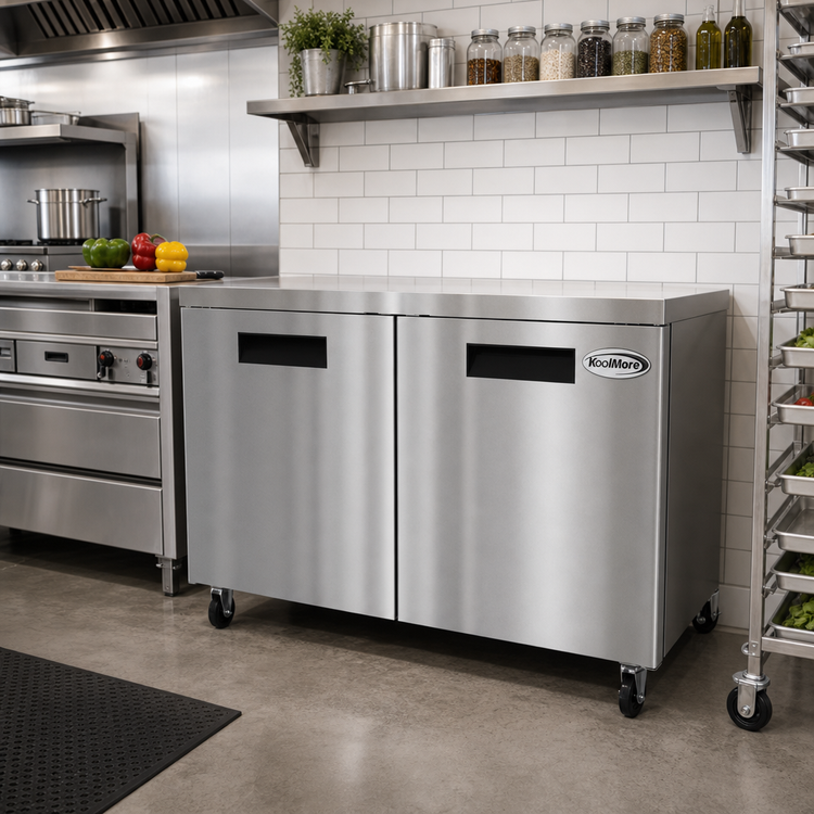 Product image #3 for KoolMore 48-Inch Two-Section Undercounter Reach-In Refrigerator with Solid Stainless Steel Doors