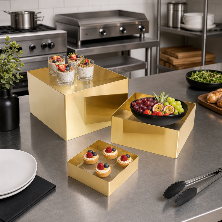 Product image #2 for Geo Square Satin Gold 3-Piece Stainless Steel Buffet Riser Set