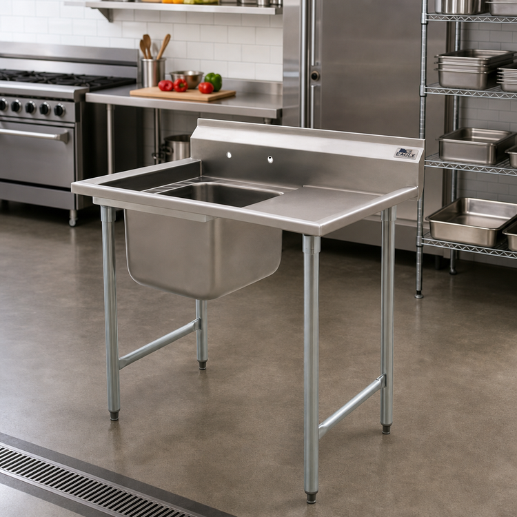 Product image #2 for Eagle Group 414 Series 1-Compartment Sink with Right Drainboard, 430 Stainless Steel Top and 304 Stainless Steel Bowl