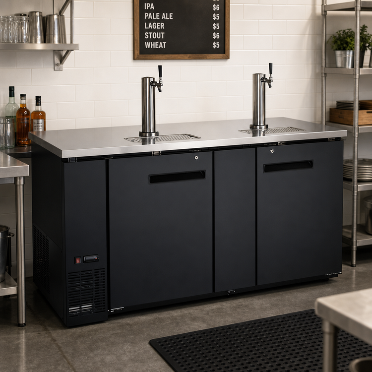 Product image #2 for 69-Inch Two-Section Draft Beer Cooler/Kegerator with 2 Dispensers, 3 Half-Barrel Keg Capacity, Flat Top and Black Exterior