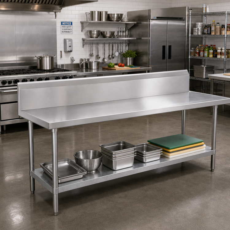 Product image #2 for Advance Tabco 144-Inch x 36-Inch 14-Gauge 304 Stainless Steel Work Table with 10-Inch Backsplash and Galvanized Undershelf