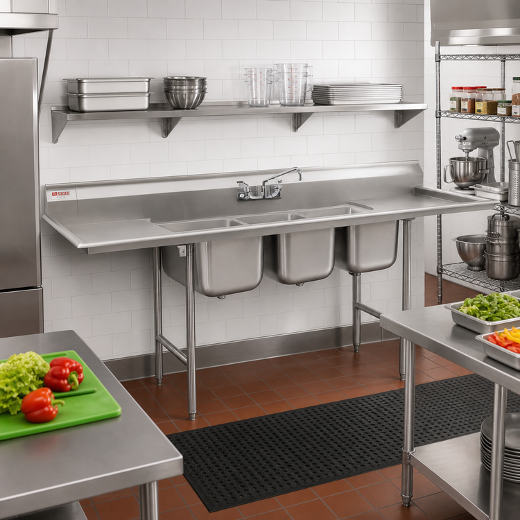 Product image #2 for Eagle Group 90-Inch Coved Corner Three-Compartment Stainless Steel Sink with Dual 18-Inch Drainboards