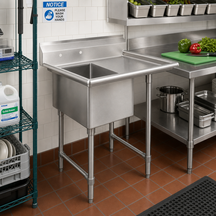 Product image #2 for Elite Single-Compartment Commercial Stainless Steel Sink with Right Drainboard, 24" x 24" Bowl, 9" Backsplash