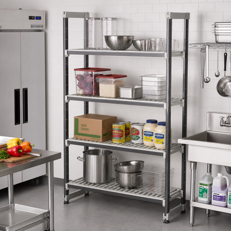 Product image #2 for Cambro Camshelving Elements XTRA High Density Top Rail Stationary Starter Unit, 24"D x 42"L x 81"H, 4-Shelf Vented, Speckled Gray