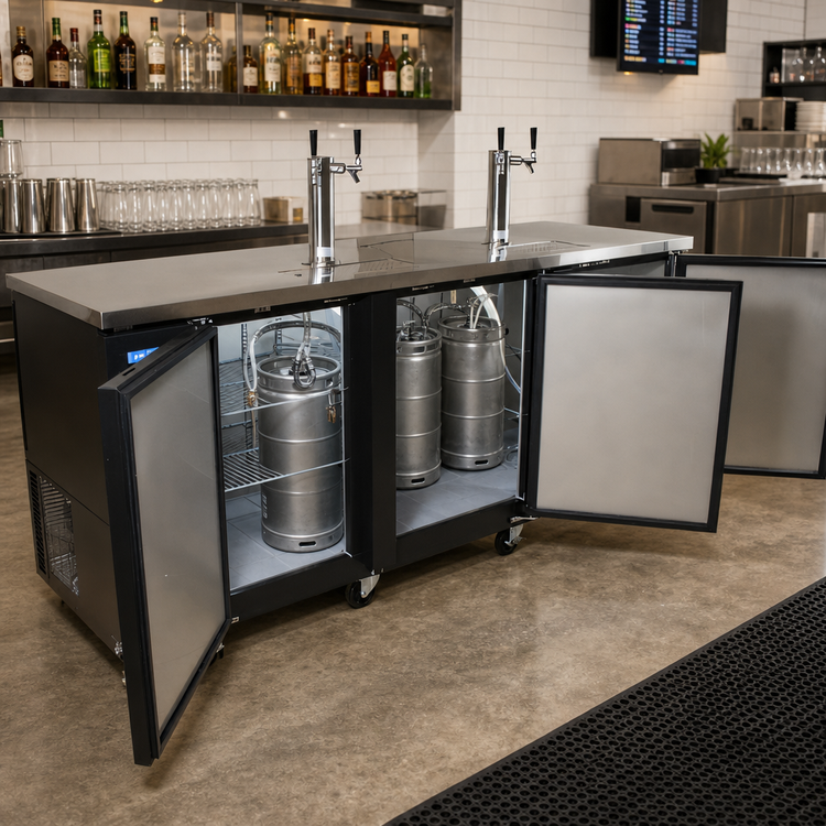 Product image #3 for BK Resources 90-Inch Underbar Draft Beer Cooler / Kegerator Beer Dispenser with 3 Doors, 2 Towers and 3-Keg Capacity
