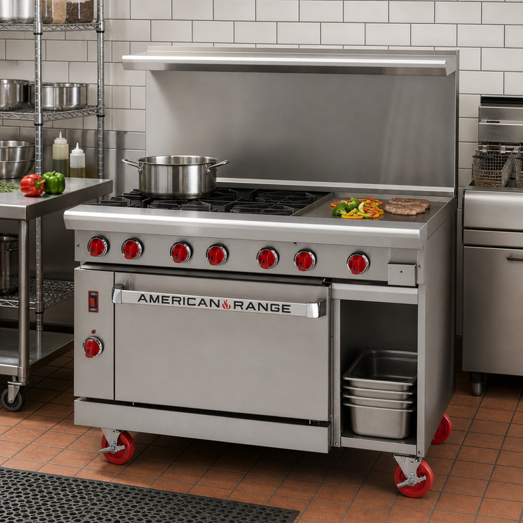 Product image #2 for American Range Green Flame 48-Inch Gas Range with 24-Inch Manual Griddle, 4 Open Burners, Left Convection Oven, and Right Storage Base