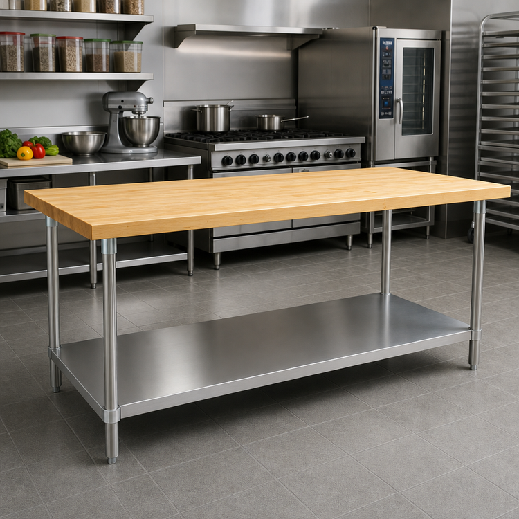 Product image #2 for Advance Tabco H2S-368 96 Inch x 36 Inch Maple Top Work Table with Stainless Steel Base and Adjustable Undershelf