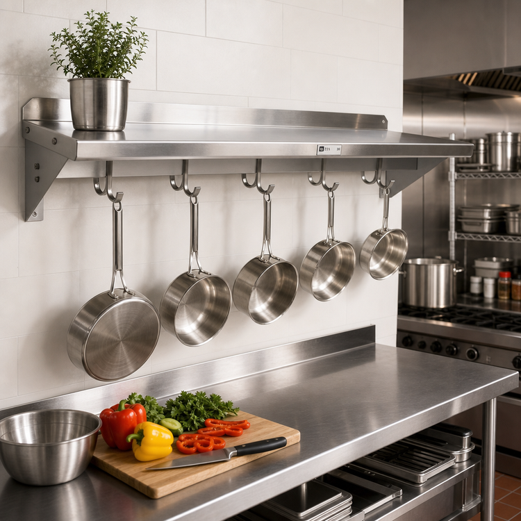 Product image #2 for John Boos Stallion Wall-Mount Pot Rack Shelf with 4 Hooks, 48 x 18 x 13 Inches, 14-Gauge 304 Stainless Steel