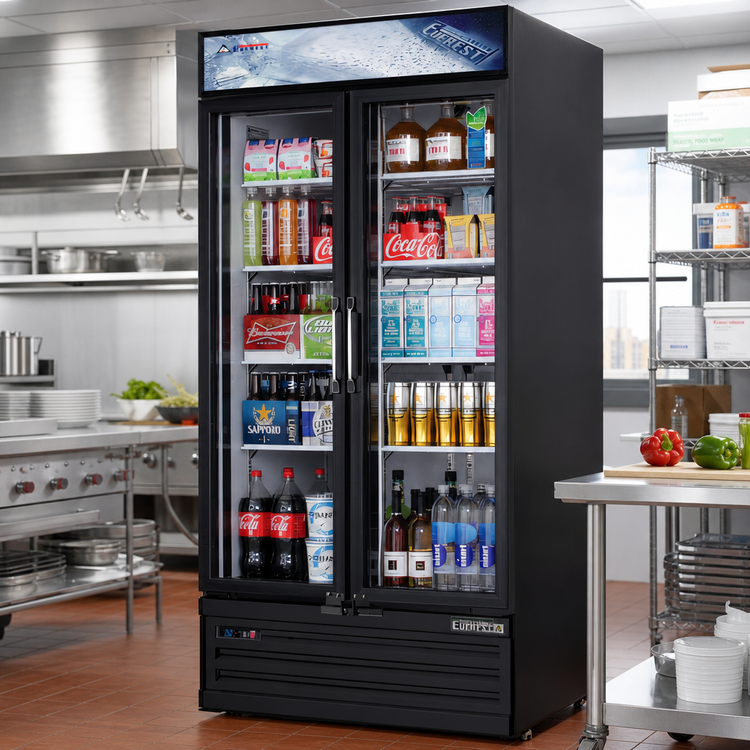 Product image #2 for Everest Refrigeration 2-Section Reach-In Glass Door Merchandiser Refrigerator, 36 Cu. Ft., Bottom-Mounted Self-Contained, Black