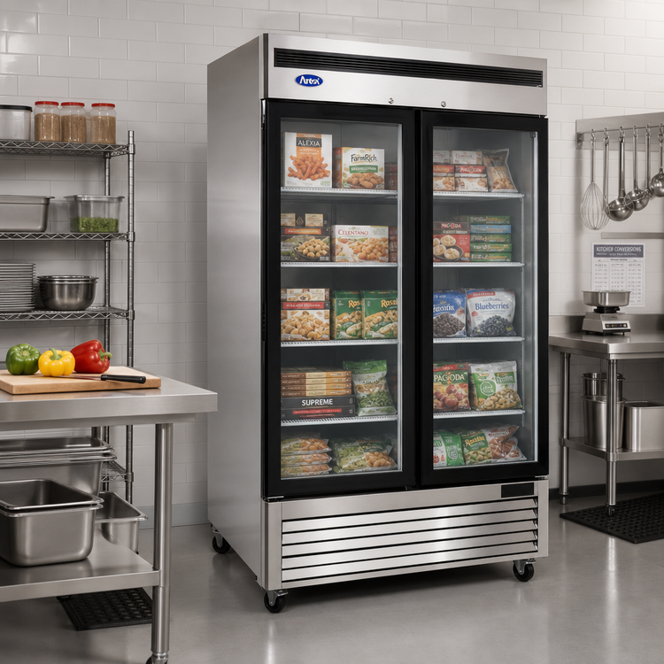 Product image #2 for Atosa MCF8703ES Two-Section Glass Door Reach-In Freezer Merchandiser, 44.8 Cu. Ft., Bottom-Mount Self-Contained, Stainless Steel