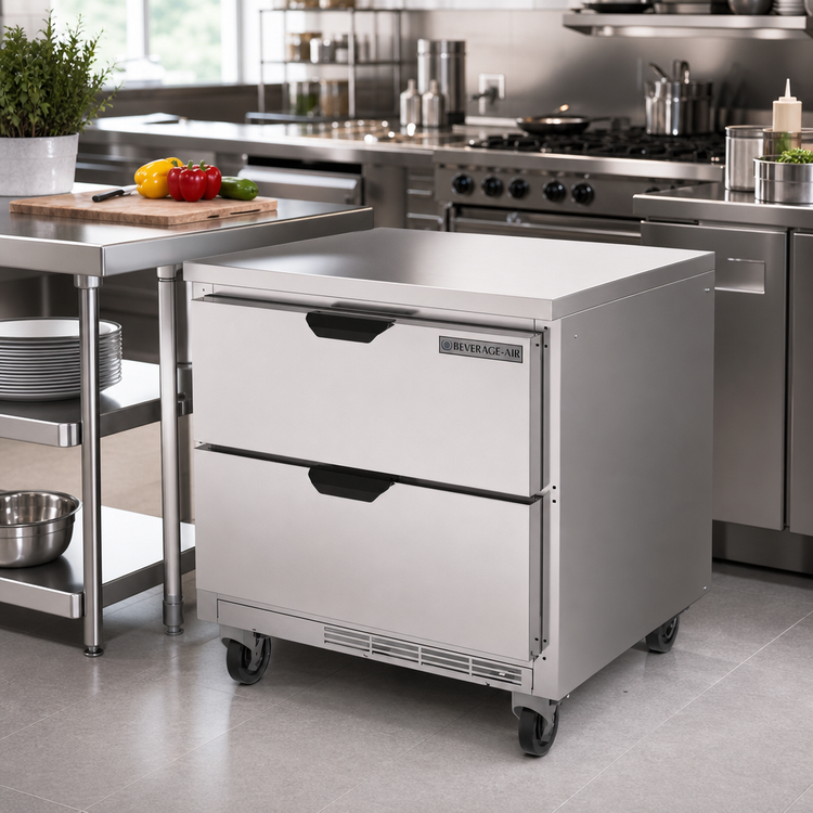 Product image #2 for Beverage Air 32-Inch One-Section Two-Drawer Worktop Refrigerator, 7.2 Cu. Ft., Flat Top, Rear-Mounted Self-Contained R290