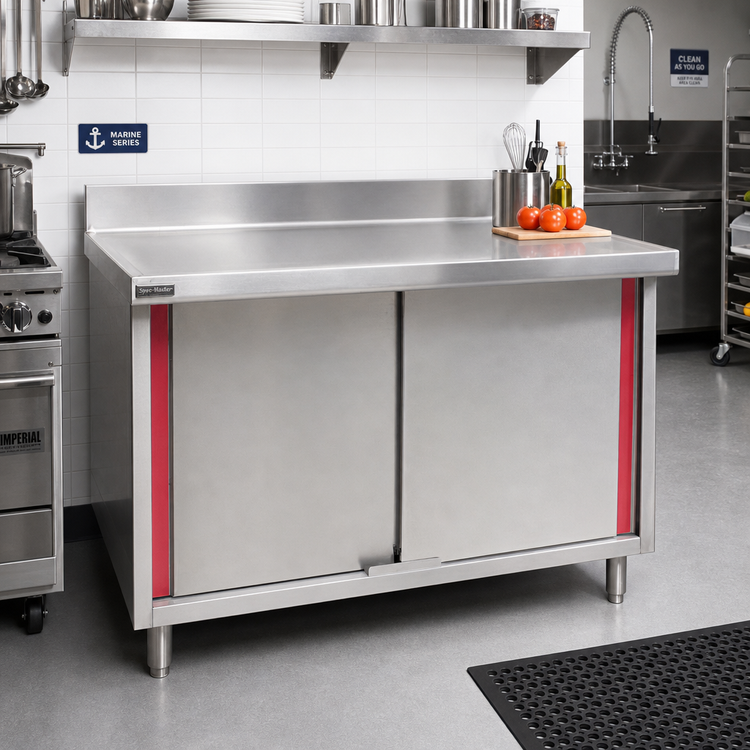Product image #2 for Spec-Master CBH30120SEM-BS Marine Series 120"W x 30"D Enclosed Work Table with Hinged Doors and Backsplash