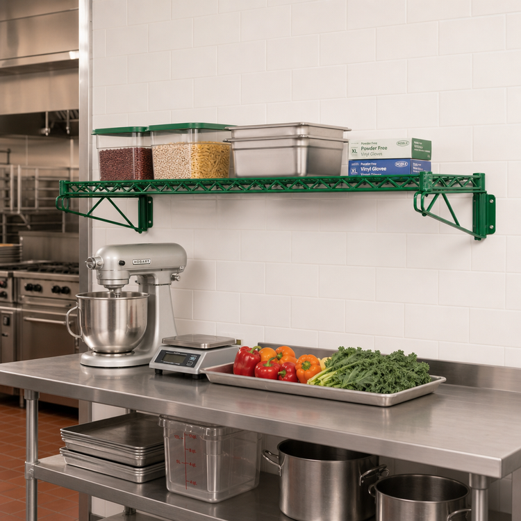 Product image #2 for Quantum Wall-Mount Cantilever Single Wire Shelf, 72W x 24D, Green Epoxy Antimicrobial Finish