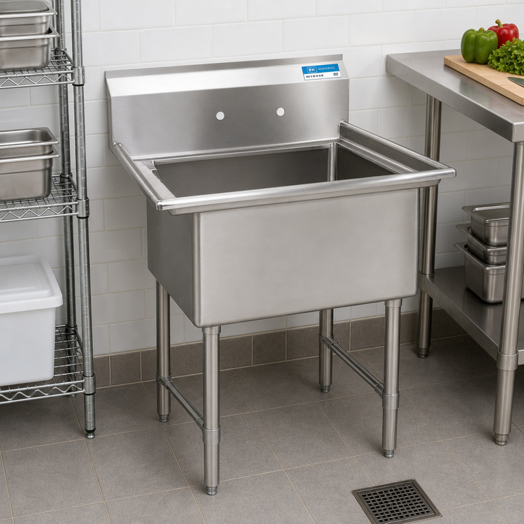 Product image #2 for BK Resources One Compartment Stainless Steel Compartment Sink with Legs, 24 x 24 x 14 Inch Bowl, 9 Inch Backsplash, No Drainboards