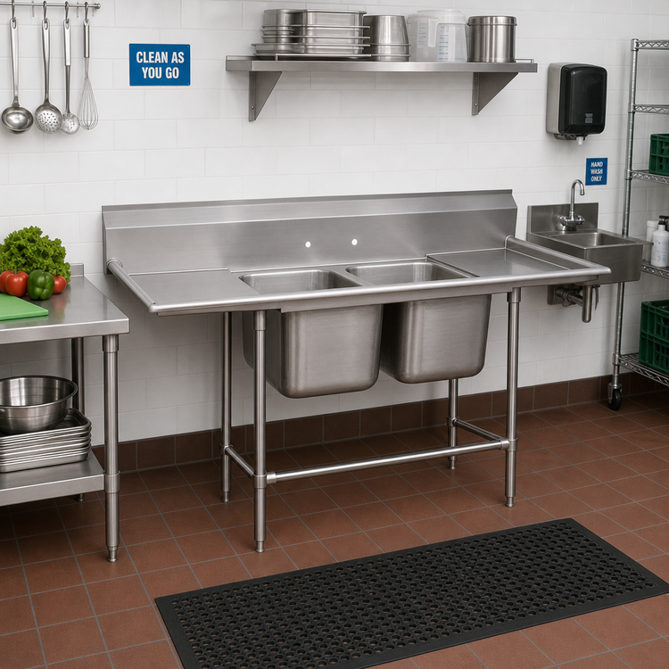 Product image #2 for Regaline 2-Compartment Sink with Left and Right Drainboards, 20 x 20 Inch Bowls, 14 Gauge 304 Stainless Steel