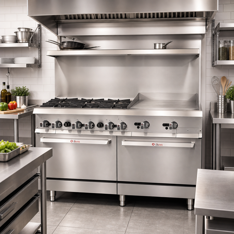 Product image #2 for IKON Cooking 60-Inch Natural Gas Commercial Range with 6 Open Burners, 24-Inch Griddle, and 2 Ovens