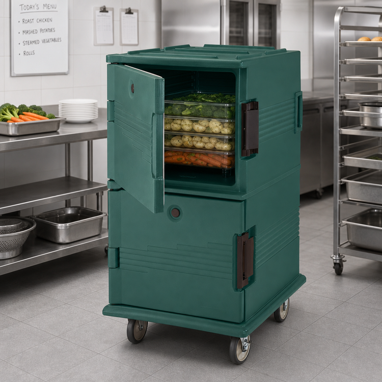Product image #3 for Cambro Ultra Camcart Non-Electric Double-Compartment Front-Loading Insulated Food Pan Carrier with Heavy-Duty Casters, Granite Green