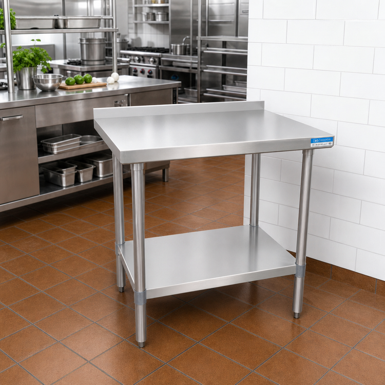 Product image #2 for BK Resources 30 Inch x 30 Inch Stainless Steel Corner Work Table with 1-1/2 Inch Rear Riser and Undershelf