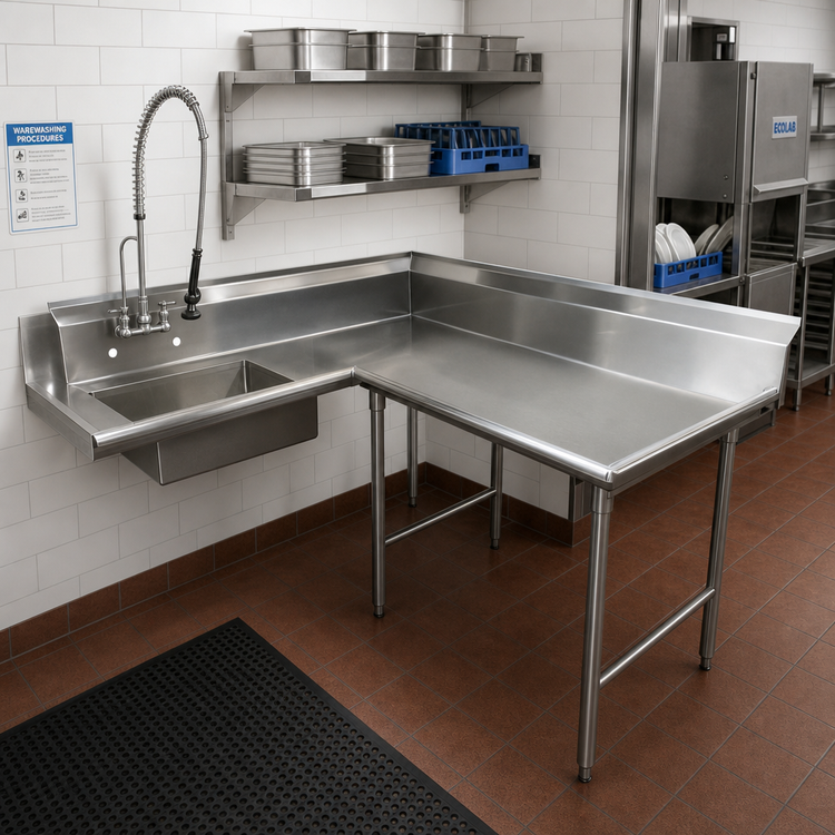 Product image #2 for Advance Tabco Korner L-Shaped Right-Hand Soil Dishtable with Pre-Rinse Sink, 95 Inch, 16 Gauge 304 Stainless Steel