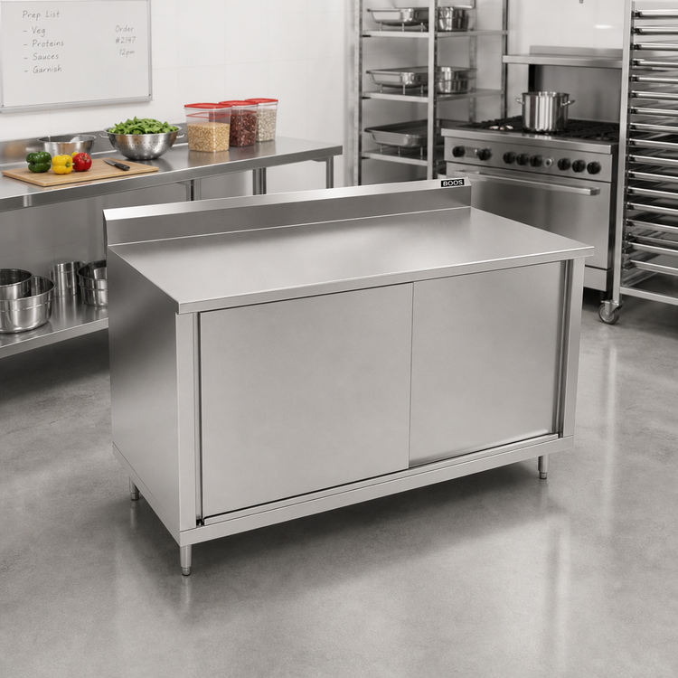 Product image #2 for John Boos 48" x 30" Cabinet Base Work Table with Sliding Doors, 14-Gauge Stainless Steel Top and 5" Backsplash
