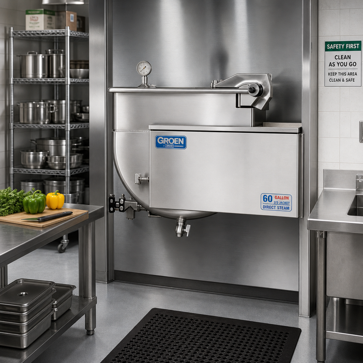 Product image #2 for 60-Gallon Wall-Mounted Stationary Direct Steam Kettle with 2/3 Jacket and 304 Stainless Steel Liner