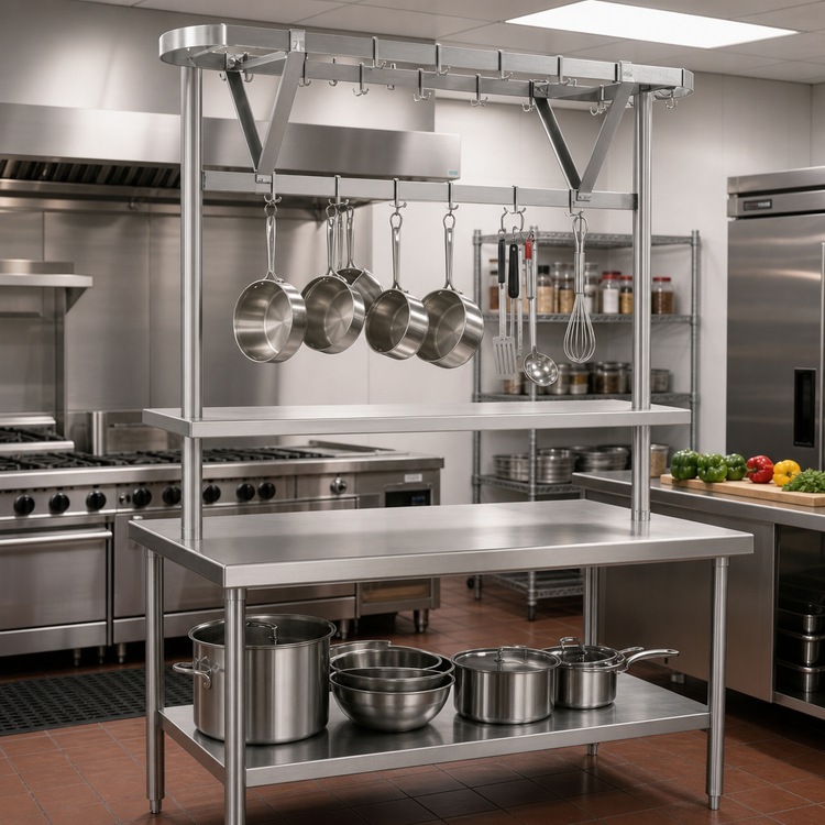 Product image #2 for Eagle Group TM72PR Stainless Steel Triple-Bar Table-Mounted Pot Rack for 72-Inch Tables