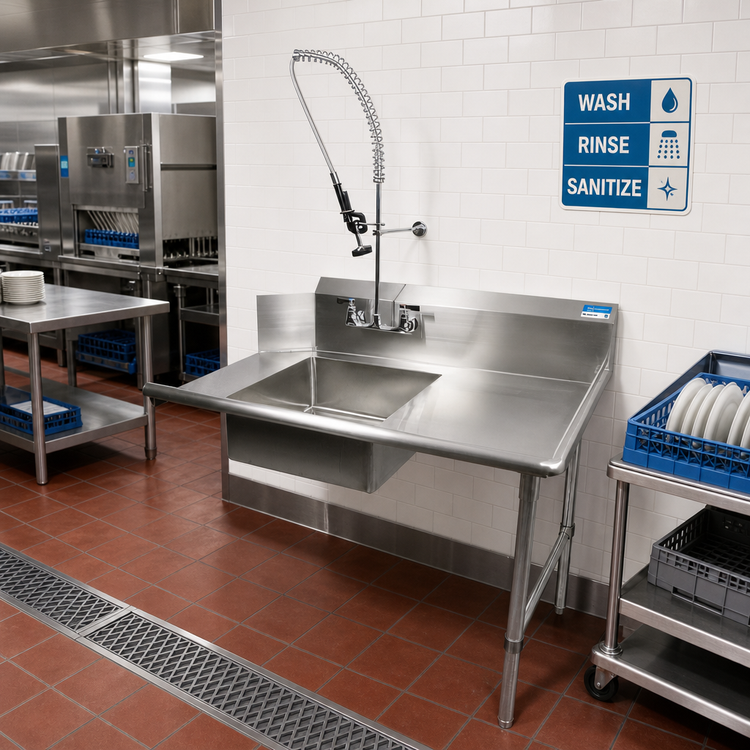 Product image #2 for 48-Inch Straight Right-to-Left Stainless Steel Soiled Dish Table with 20" x 20" x 8" Sink, Pre-Rinse Faucet, and Basket Drain