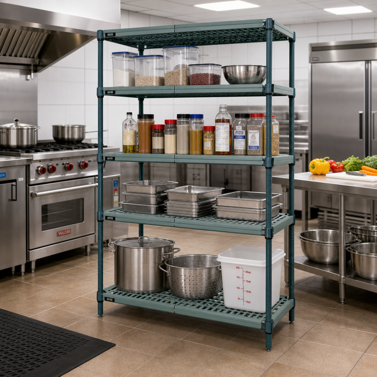 Product image #2 for Quantum WR63-2454WPM 4-Tier Polymer Wire Plastic-Mat Shelving Unit — 54 Inches W x 24 Inches D x 63 Inches H (Green, Stationary)