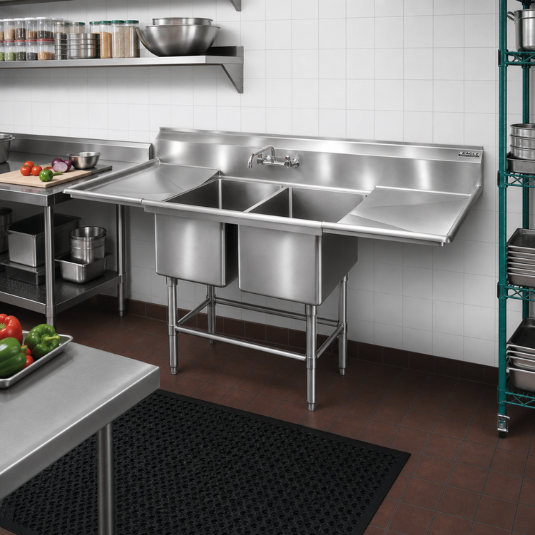Product image #2 for Eagle Group Spec-Master FN Series Coved Corner Two-Compartment Stainless Steel Sink with 18-Inch Right Drainboard, 63-1/2 Inch Wide