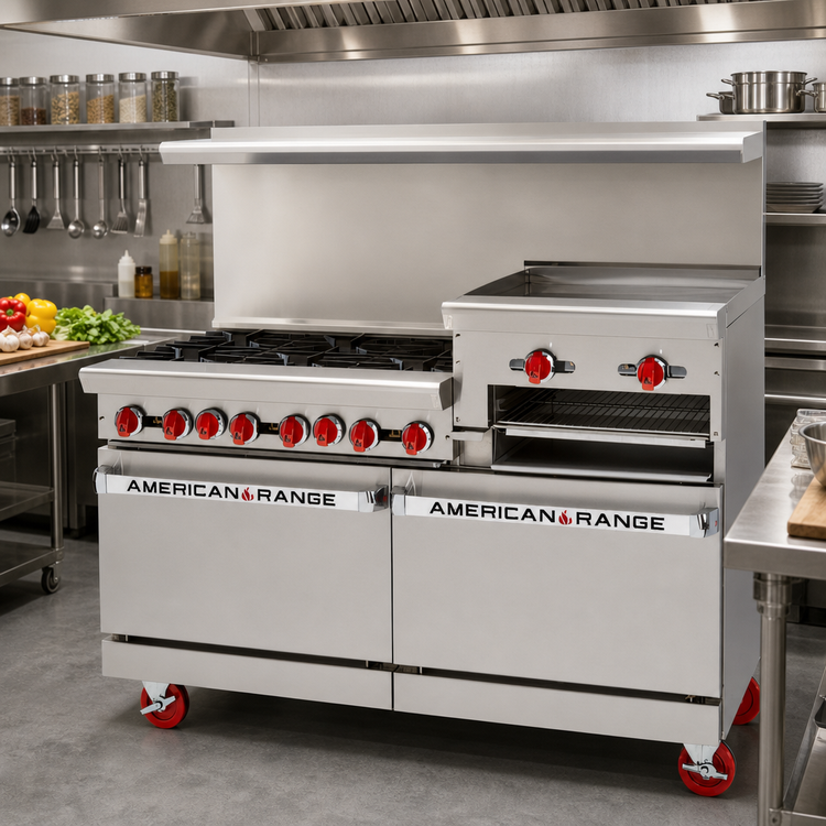 Product image #2 for American Range 72-Inch Gas Restaurant Range with 6 Open Burners, 36-Inch Raised Griddle/Broiler, and 2 Standard Ovens