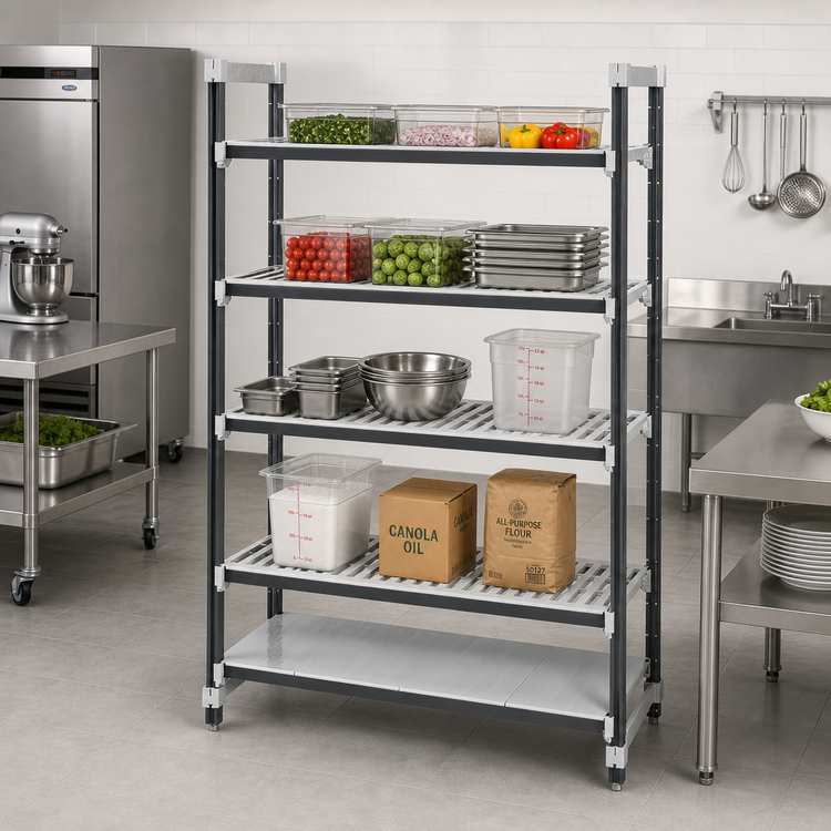 Product image #2 for Cambro Camshelving Elements XTRA 18-Inch Deep x 48-Inch Wide x 84-Inch High 5-Tier Stationary Starter Shelving Unit