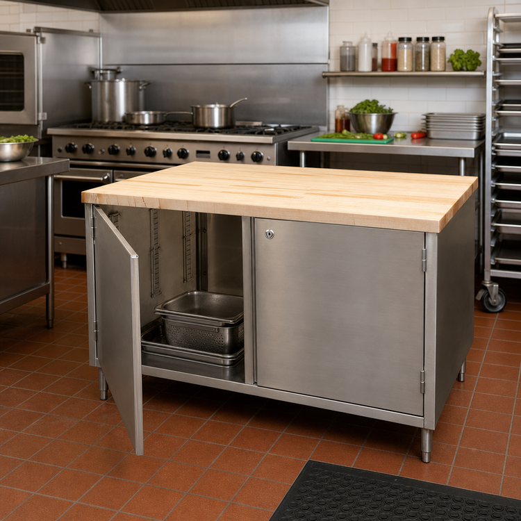 Product image #2 for BK Resources Dual-Access Chef Table with Hard Maple Top, Stainless Steel Cabinet Base, and Locking Hinged Doors, 60 x 36 Inches