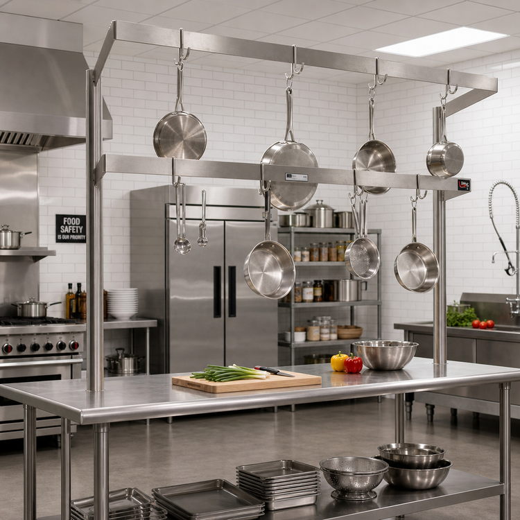 Product image #2 for John Boos PRD7 Table-Mount Double-Bar Stainless Steel Pot Rack with 24 Hooks, 139-1/4 Inch