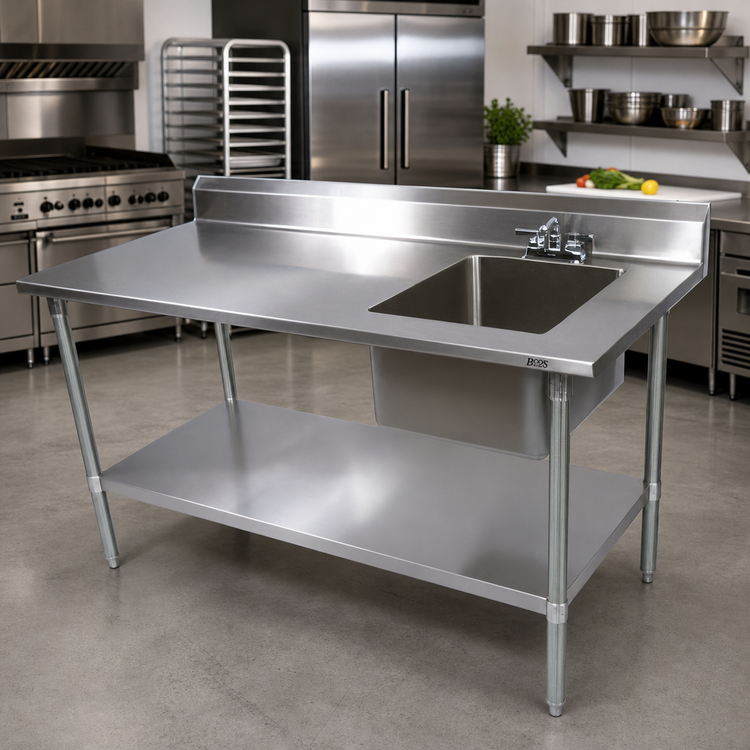 Product image #2 for John Boos 72 x 30 Stainless Steel Work Table With Prep Sink, Right Bowl, 5-Inch Backsplash, and Galvanized Base