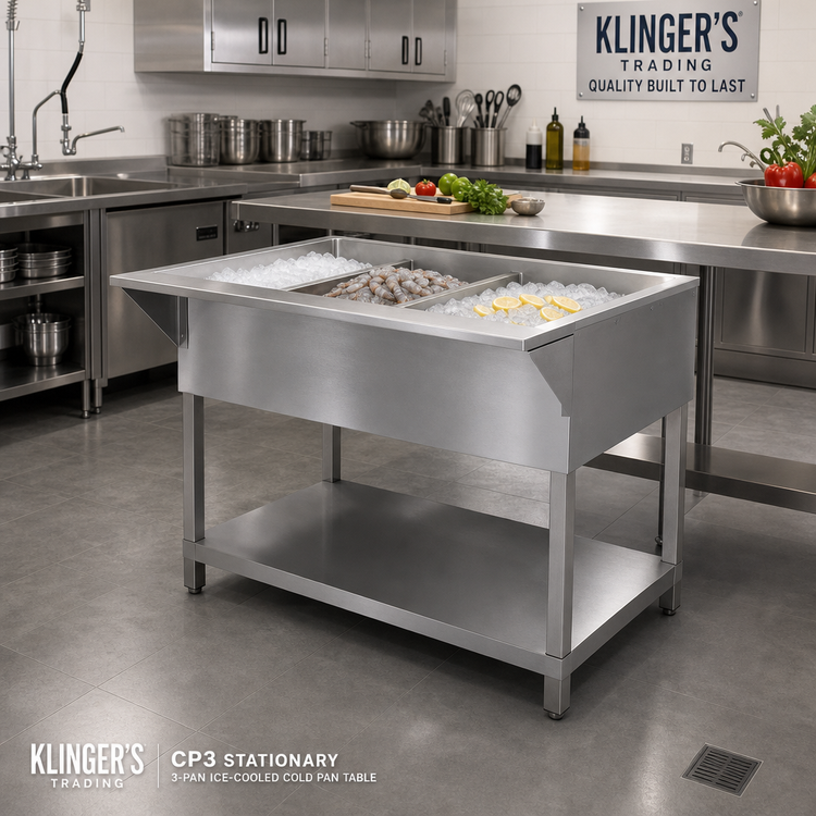 Product image #2 for Klinger's Trading CP3 Stationary 3-Pan Ice-Cooled Stainless Steel Cold Pan Table