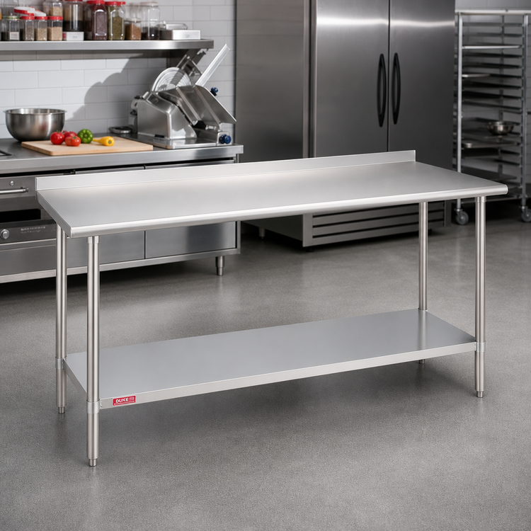 Product image #2 for Duke 108-Inch x 30-Inch 16-Gauge Stainless Steel Work Table with 1-1/8-Inch Straight Riser and Stainless Undershelf