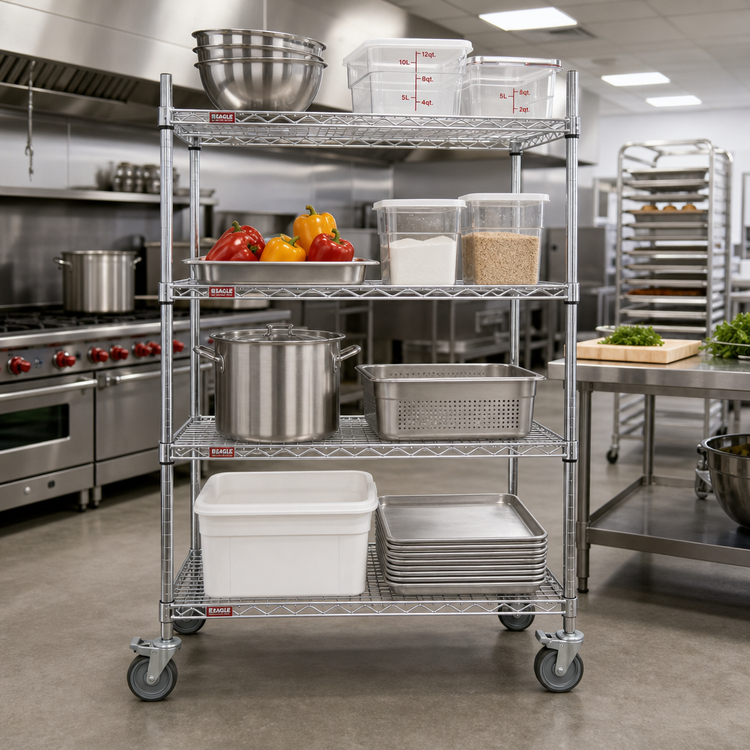 Product image #2 for Eagle Group 4-Tier Chrome Wire Dolly Truck with 36 x 21 Inch Shelves and Swivel/Brake Casters