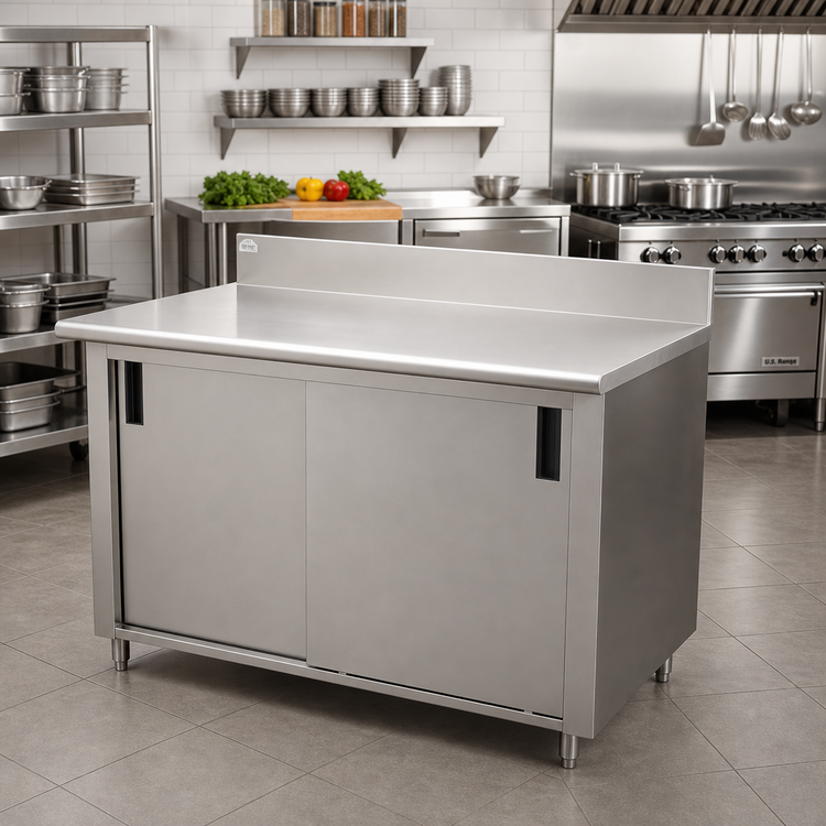 Product image #2 for Advance Tabco Special Value Enclosed Work Table with Cabinet Base, Mid-Shelf, and Sliding Doors, 72 x 30, 16 Gauge 304 Stainless Steel Top, 5 Inch Backsplash