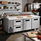 Thumbnail image #2 for Hoshizaki Steelheart PR93B-D2 93-Inch Three-Section Pizza Prep Table with 2 Doors, 2 Drawers and 12-Pan Rail
