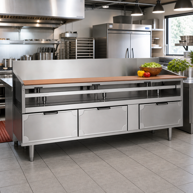 Product image #2 for La Rosa Refrigeration 78-Inch x 26.5-Inch Three-Section Refrigerated Equipment Stand with 4 Drawers, Remote Refrigeration