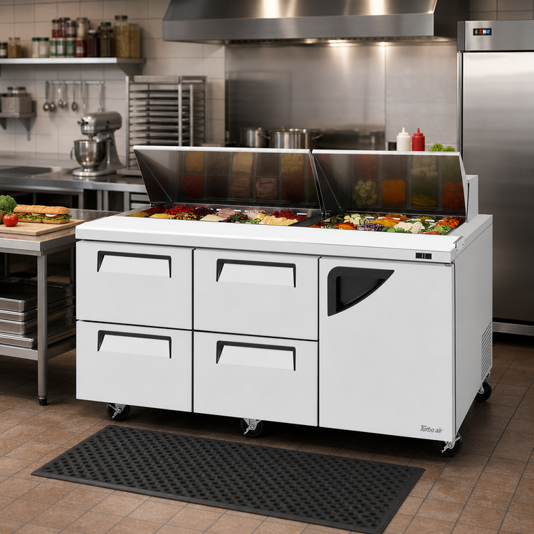 Product image #2 for Turbo Air Super Deluxe 72 5/8-Inch Three-Section Sandwich/Salad Prep Table with 18-Pan Opening, 4 Drawers, and 1 Right-Hinged Door