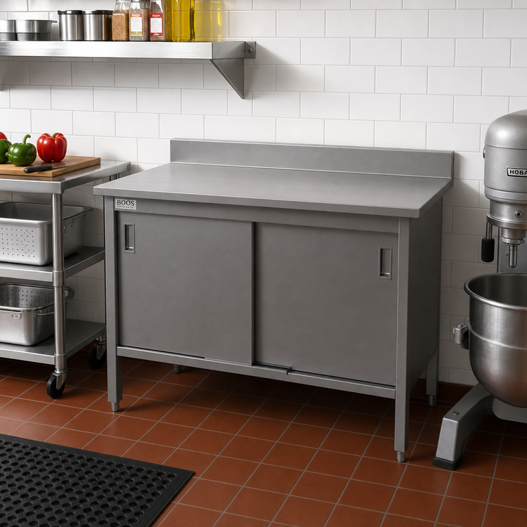 Product image #2 for John Boos Enclosed Work Table with Cabinet Base and Hinged Doors, 48 x 24 Inches, 14/300 Stainless Steel Top, 5-Inch Backsplash