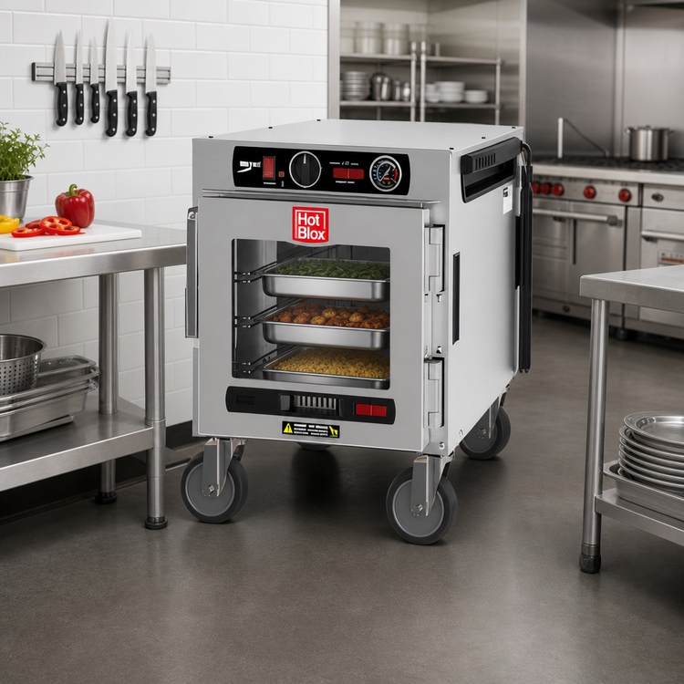 Product image #3 for Metro HotBlox Narrow 4-Pan Pass-Thru Undercounter Insulated Holding Cabinet, Clear Front Door / Solid Rear Door, Analog Control